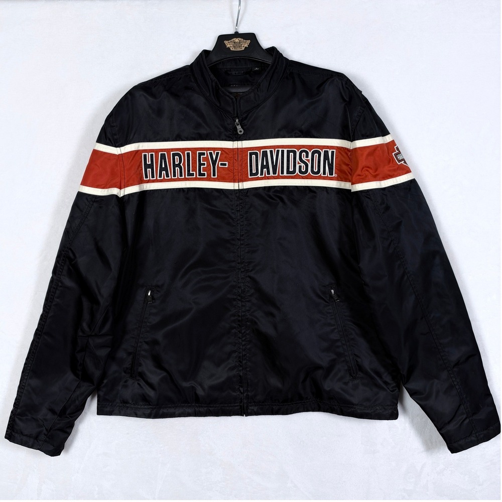 Harley Davidson Mens XL Black Orange Stripe Windbreaker Racing Jacket 98527-14VM